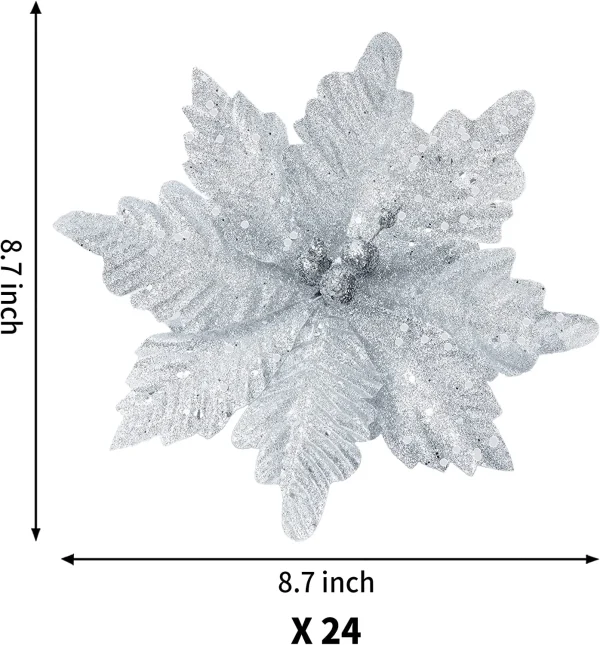 Joiedomi 24pcs Christmas Silver Poinsettia Flowers 6 Joiedomi 24pcs Christmas Silver Poinsettia Flowers - Image 4