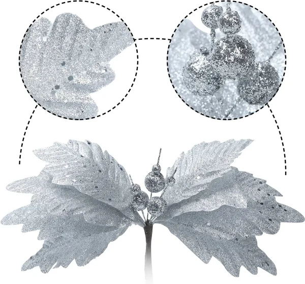 Joiedomi 24pcs Christmas Silver Poinsettia Flowers 7 Joiedomi 24pcs Christmas Silver Poinsettia Flowers - Image 5