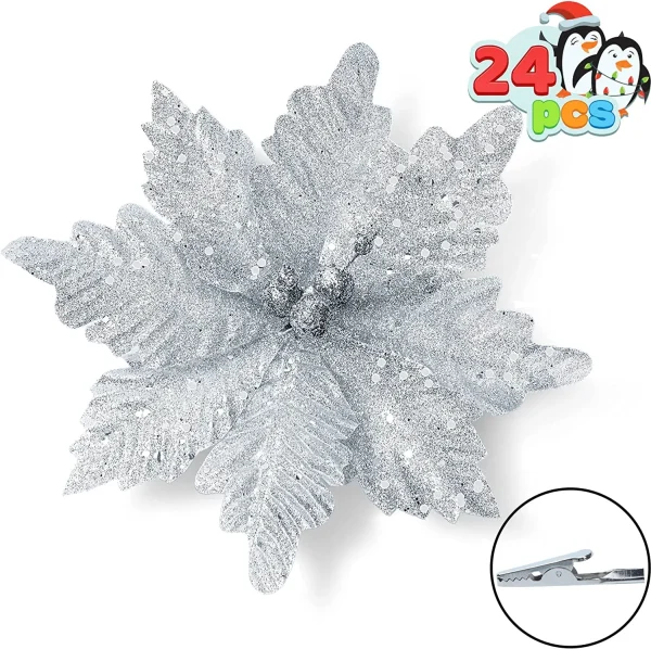 Joiedomi 24pcs Christmas Silver Poinsettia Flowers 8 Joiedomi 24pcs Christmas Silver Poinsettia Flowers - Image 6