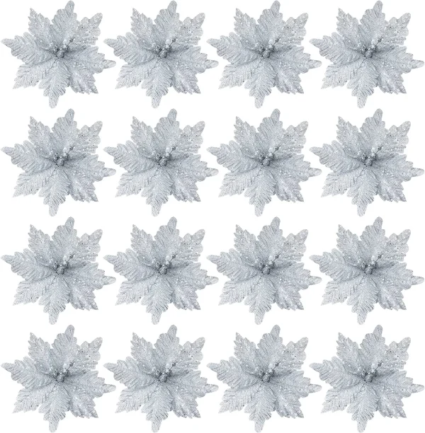 Joiedomi 24pcs Christmas Silver Poinsettia Flowers 5 Joiedomi 24pcs Christmas Silver Poinsettia Flowers - Image 3