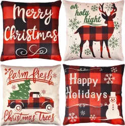 Joiedomi 4pcs Buffalo Plaid Reindeer And Truck Pillow Covers