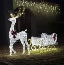 Joiedomi 3D Fabric LED Lighted Reindeer With Sleigh Decorations 5ft