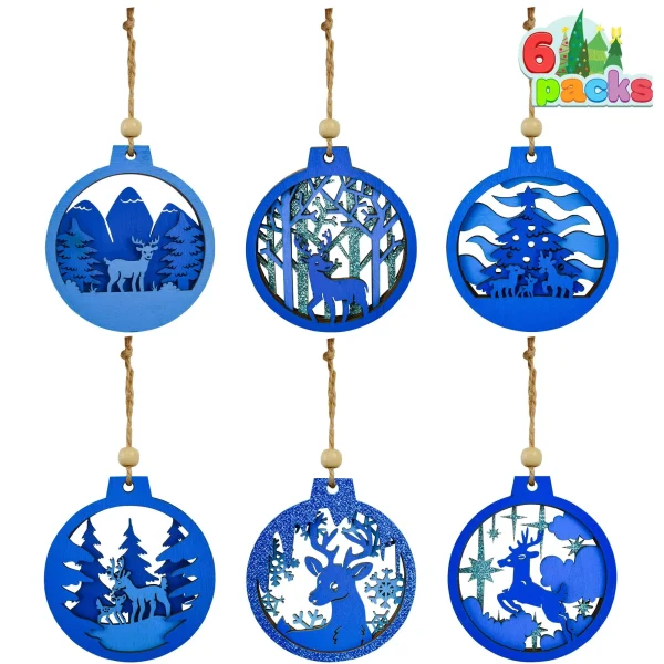 Joiedomi 6pcs Reindeer Carved Blue Wooden Christmas Ornaments 8 Joiedomi 6pcs Reindeer Carved Blue Wooden Christmas Ornaments - Image 6
