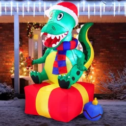 Joiedomi 6ft Inflatable LED Christmas Dinosaur Sitting On A Gift