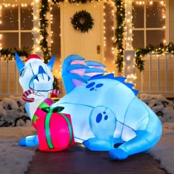 Joiedomi 6ft LED Blue Christmas Inflatable Dragon Guarding Gift