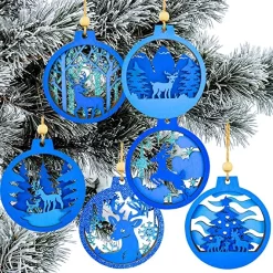 Joiedomi 6pcs Reindeer Carved Blue Wooden Christmas Ornaments