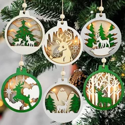 Joiedomi 6pcs Reindeer LED Carved Wooden Christmas Ornaments