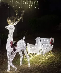 Joiedomi 3D Fabric LED Lighted Reindeer With Sleigh Decorations 5ft -Christmas Ornaments Sales Store Fabric Reindeer with Sleigh LED Yard Lights 2 600x718 1