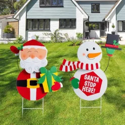 Joyin 2pcs Snowman And Santa With Circle Belly Metal Yard Signs